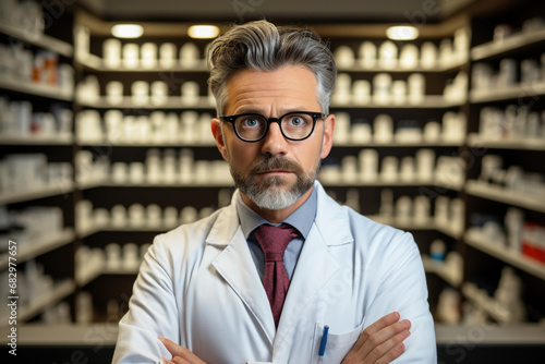Senior experienced male professional pharmacist in shirt, arms crossed in lab white coat standing in pharmacy shop or drugstore in front of shelf with medicines. Health care concept.