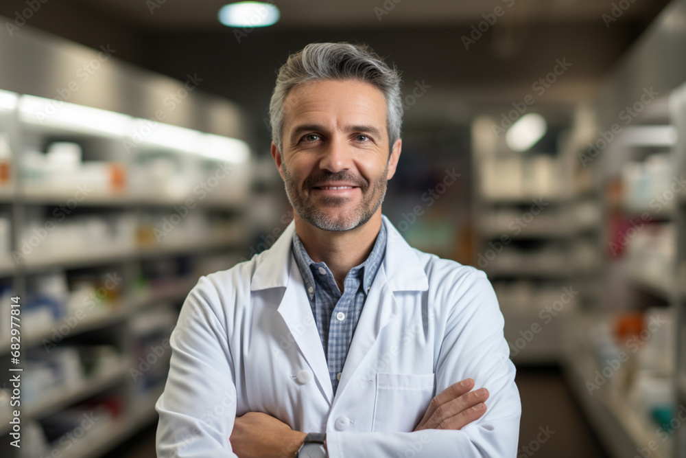 Fototapeta premium European male pharmacist in a white coat, crossing his arms on his chest, looking straight into the camera, smiling, background blurred. Medical workers concept.