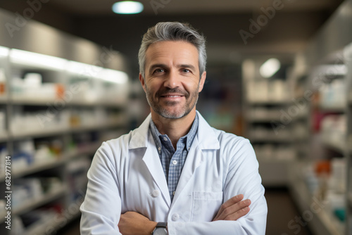 European male pharmacist in a white coat, crossing his arms on his chest, looking straight into the camera, smiling, background blurred. Medical workers concept.