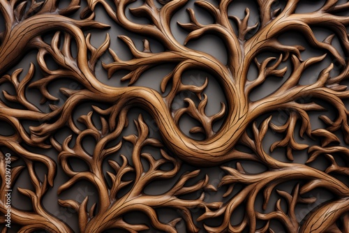 A detailed close-up shot of a wooden carving depicting a tree. 