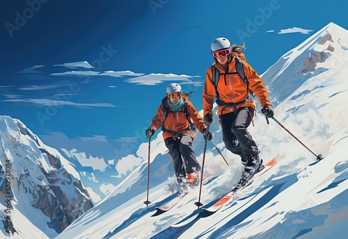 Winter adventure: two skiers skiing down a snowy mountain under a clear blue sky photo