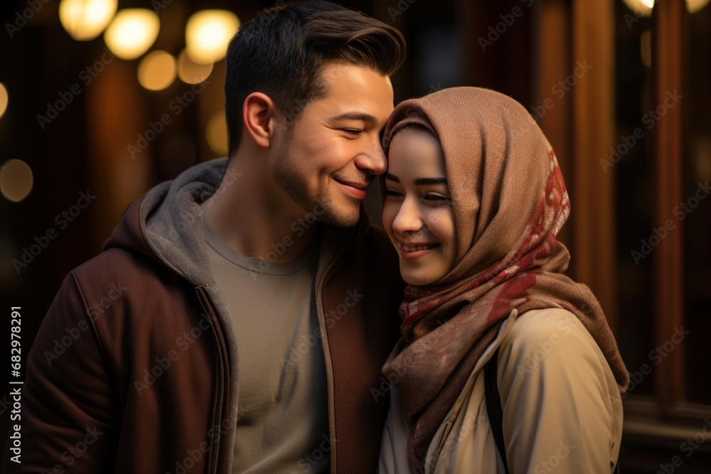 muslim couple with greeting gesture looking at the camera and smile