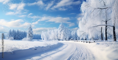 Winter Wonderland: A Tranquil Journey through a Snowy Forest under a Serene Blue Sky