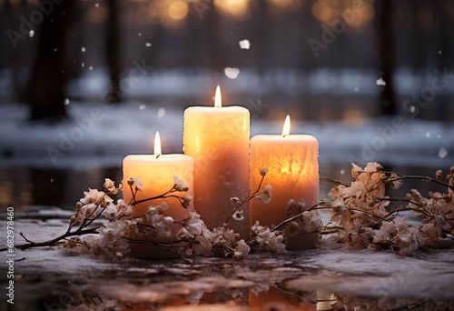 Winter wonderland: three lit candles in a decorative candlestick against the backdrop of a snowy forest