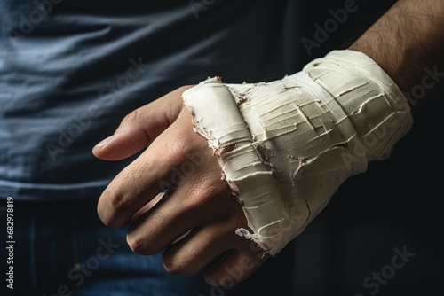 Orthopedic doctor care investigates patient wound of arm hand finger cover by splint bandage cast.