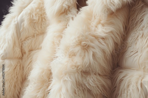 A close up view of a fur coat on a mannequin. This image can be used for fashion design, winter clothing, or luxury fashion concepts.