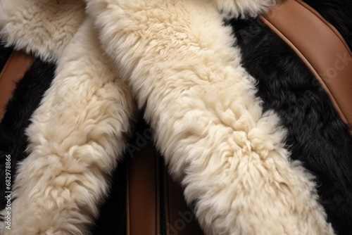 A detailed view of a piece of luggage featuring luxurious fur accents. This image can be used to depict elegance, fashion, or travel in style.
