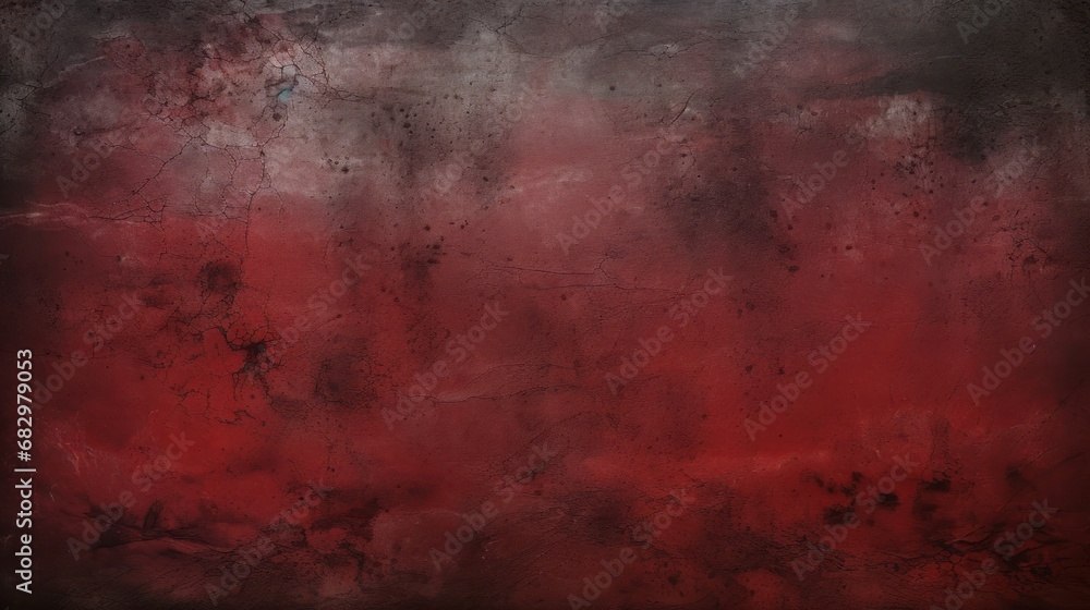 Abstract background of shabby concrete wall texture with bright red paint and weathered pieces.