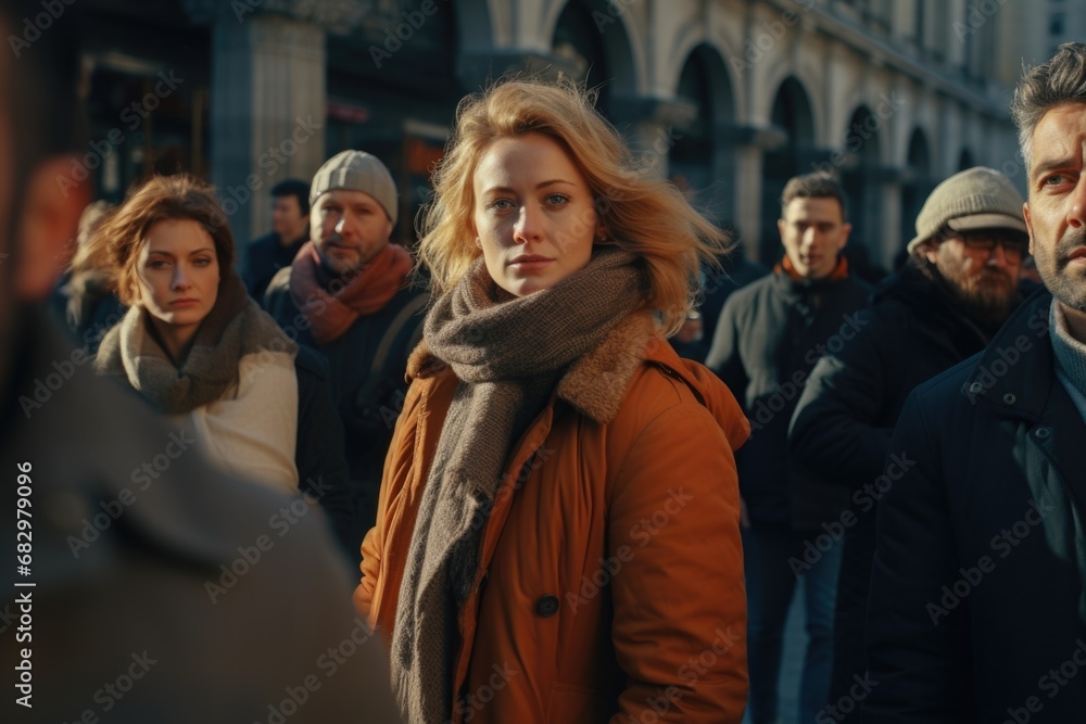 A group of people walking together on a street. This image can be used to depict community, urban life, or a casual stroll in the city. A group of people walking together on a street. This image can be used to depict community, urban life, or a casual stroll in the city.