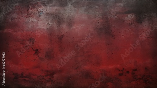 Abstract background of shabby concrete wall texture with bright red paint and weathered pieces.