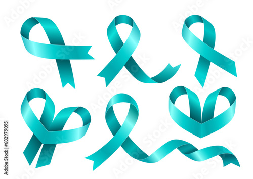Set of Teal ribbons. Awareness for cervical cancer, Ovarian Cancer, Polycystic Ovary Syndrome (PCOS), Post Traumatic Stress Disorder(PTSD), Obsessive Compulsive Disorder(OCD). Vector 3d illustration