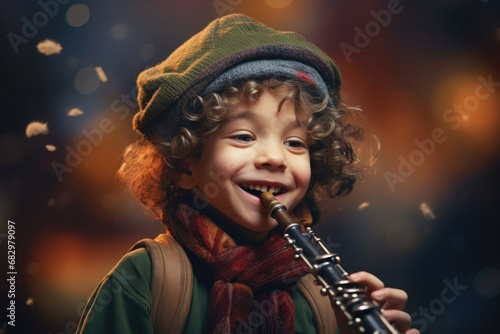 A young boy is playing a clarinet outdoors in the snow. This image can be used to depict the joy of winter activities or the passion for music. photo
