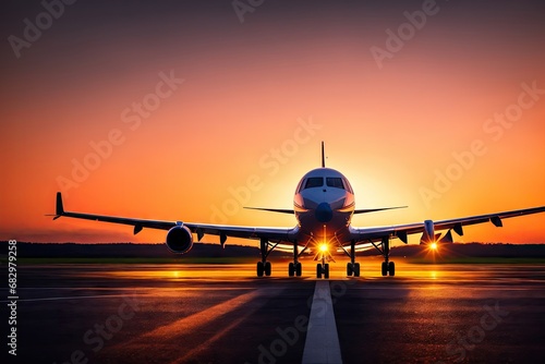 Passenger plane against sunset background. Generative AI.