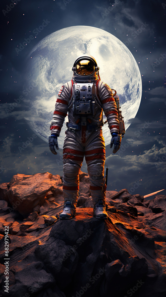 astronaut in front of a planet standing in a surface. Generative Ai astronaut in front of a planet standing in a surface. Generative Ai