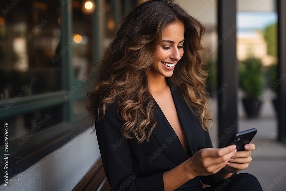 Positive emotions. Lifestyle concept. Close up of young charming dark-haired caucasian woman in black dress smiling Positive emotions. Lifestyle concept. Close up of young charming dark-haired caucasian woman in black dress smiling