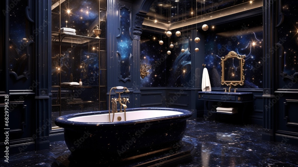 A celestial-inspired bathroom with galaxy-patterned tiles, constellation lighting, and cosmic accents.