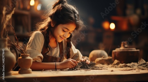 A little girl makes a vase of clay. Clay modeling