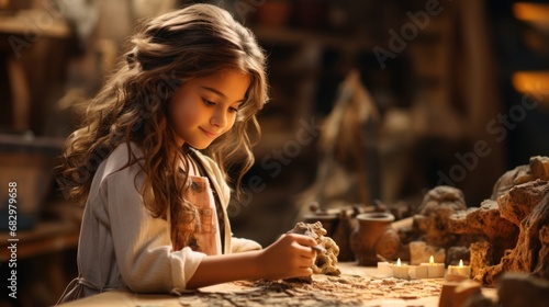 A little girl makes a vase of clay. Clay modeling