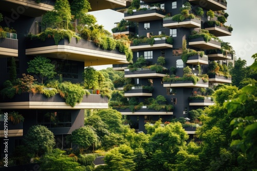 A tall building adorned with lush plants on its balconies. Perfect for architectural and urban design concepts.
