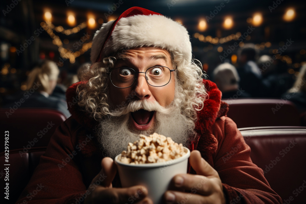 A portrait of a man in a Santa Claus costume, wearing glasses, with a beard and mustache and a cup in his hands, looks in surprise at the camera with his mouth open. Merry Christmas concept.