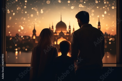 Ramadan Kareem greeting. Family at window looking at Islamic city with mosque skyline, crescent moon and stars.
