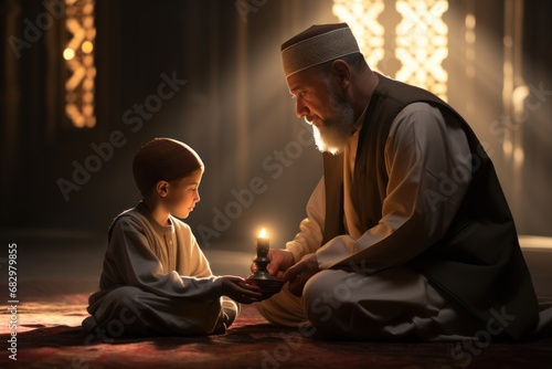 Ramadan Kareem greeting. Father and son in mosque. Muslim family praying. Man and child read Quran and pray. photo