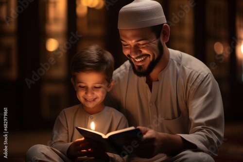 Ramadan Kareem greeting. Father and son in mosque. Muslim family praying. Man and child read Quran and pray.