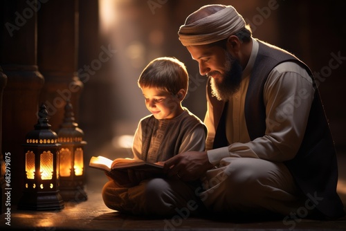 Ramadan Kareem greeting. Father and son in mosque. Muslim family praying. Man and child read Quran and pray.