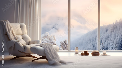 A white woolen blanket lies on a soft, cozy chair in a white room with a panoramic window. Winter landscape