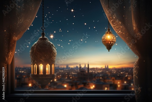 Ramadan Kareem greeting. Islamic city with mosque skyline, crescent moon and stars. View from a window.