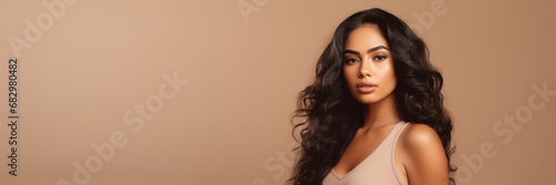 A Beautiful Latina Woman standing against a Beige Background - Girl Backdrop with Empty Copy Space for Text and Advertising - Latina Beauty Wallpaper created with Generative AI Technology