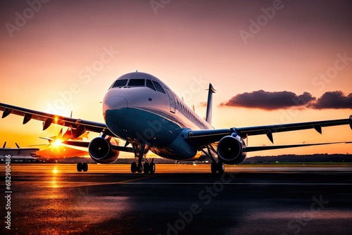 Passenger plane against sunset background. Generative AI.