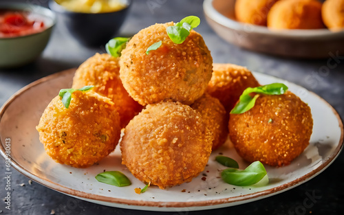 Capture the essence of Arancini in a mouthwatering food photography shot Generative AI photo