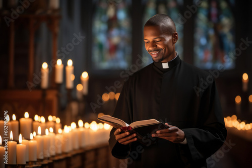 Priest reading bible in the temple. Orthodox Christmas concept photo