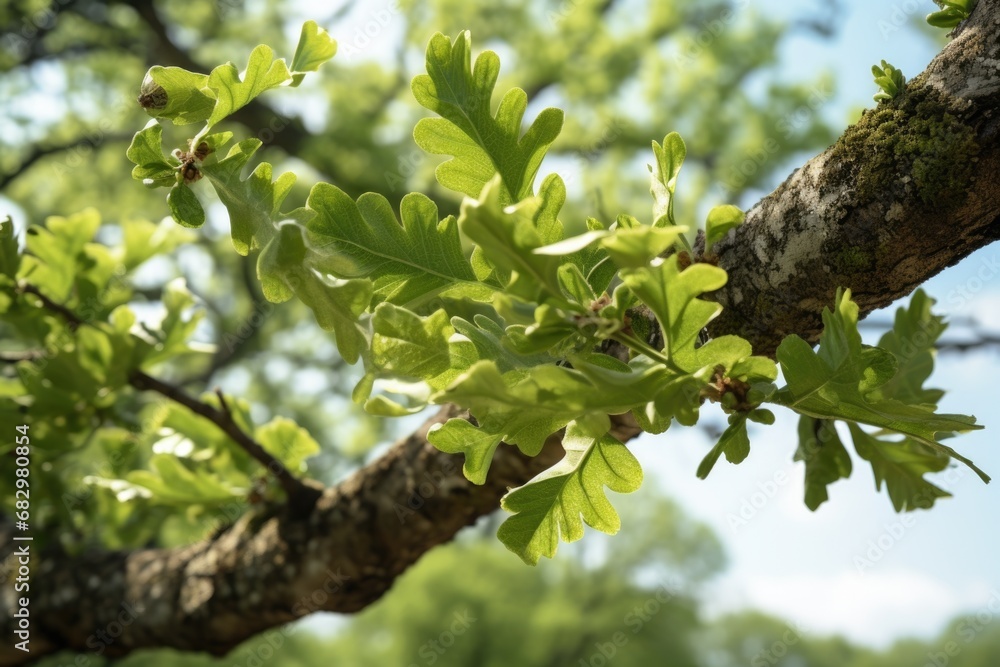 A detailed view of a tree branch covered in lush green leaves. This image can be used to depict nature, foliage, growth, or the beauty of the outdoors A detailed view of a tree branch covered in lush green leaves. This image can be used to depict nature, foliage, growth, or the beauty of the outdoors