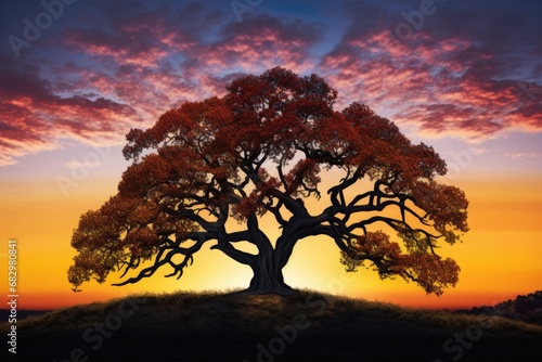 A large tree sits atop a grass-covered hill, offering a picturesque view of nature's beauty. This image can be used to depict serenity, tranquility, and the beauty of the outdoors