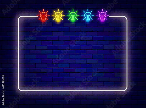 Quiz night neon banner. Colorful light bulbs and white frame. Trivia time. Brainstorm concept. Vector stock illustration