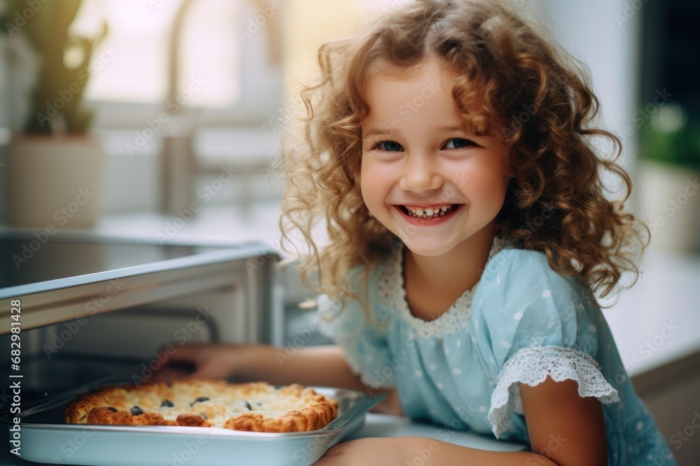 Young happy mother and her adorable curly toddler daughter wearing blue dress baking