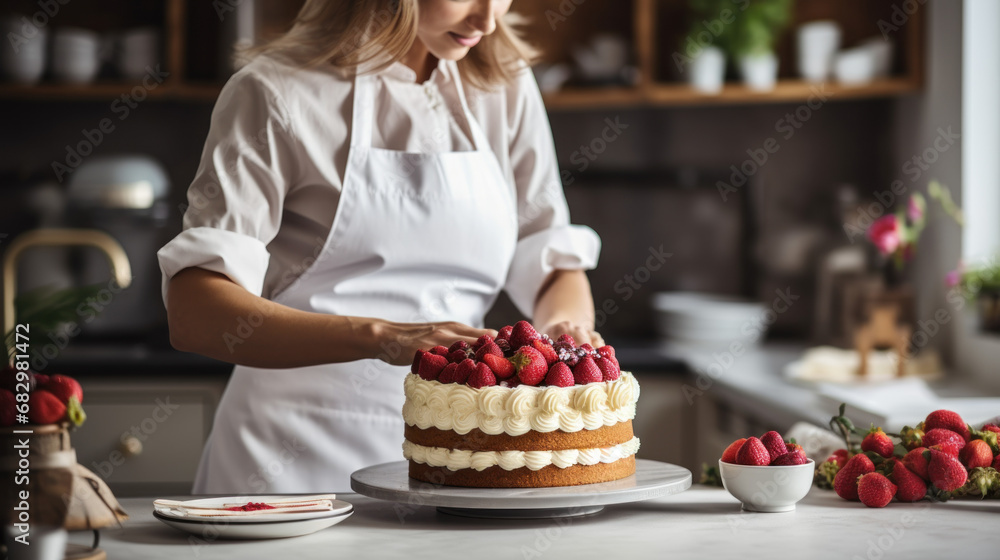 A beautiful female cook prepares dessert and is making a cake in the kitchen. A beautiful female cook prepares dessert and is making a cake in the kitchen.