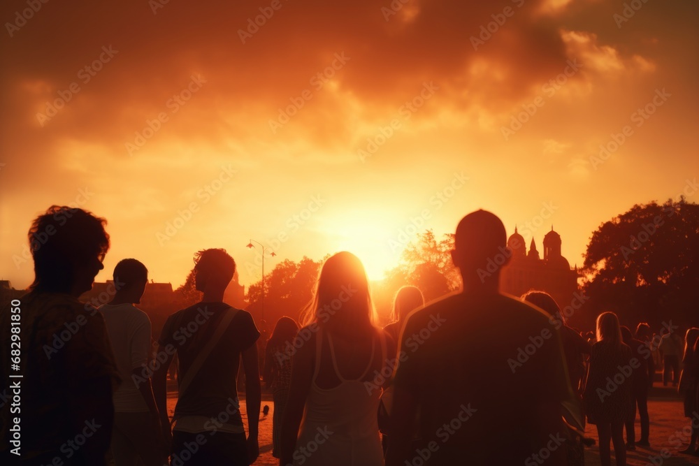 A group of people standing together, silhouetted against a beautiful sunset. Perfect for illustrating unity, teamwork, and the beauty of nature. Can be used in various projects and designs