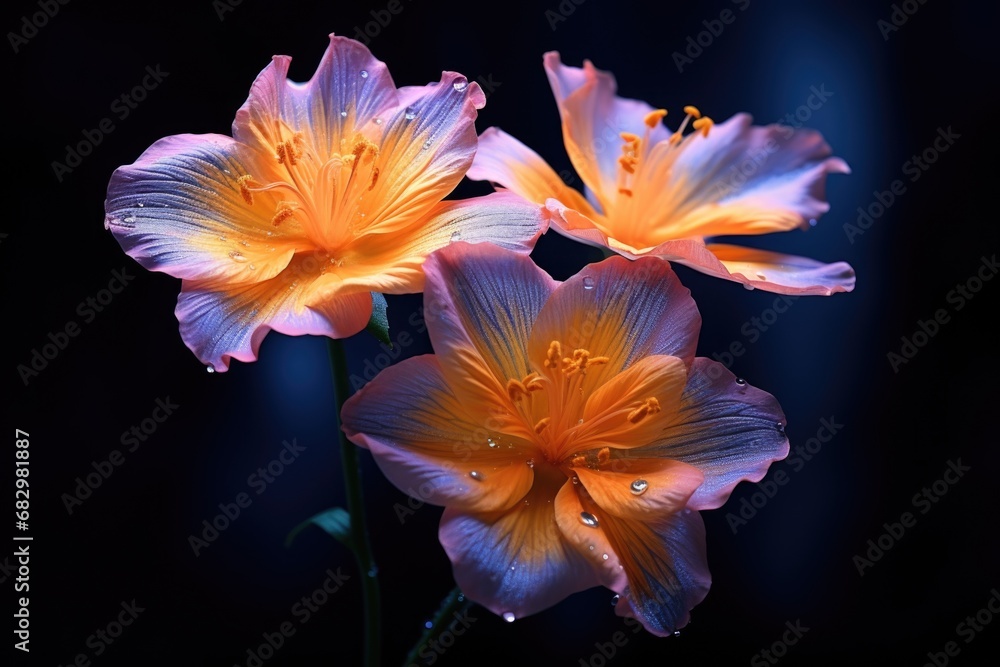 Three orange flowers with water droplets. Perfect for adding a touch of freshness and vibrancy to any design or project