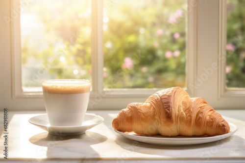 a delectable croissant and a cup of milk are elegantly arranged on the kitchen counter in a minimalist interior with modern furniture.