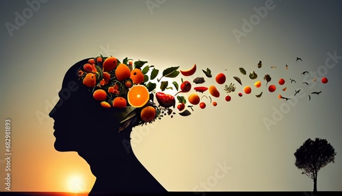 Head silhouette with vegetables and fruits. Vegan diet thinking concept. photo