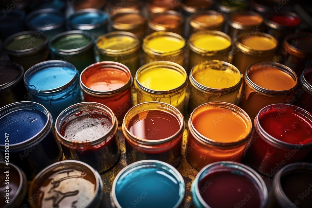 A close-up view of many jars of paint. This image is perfect for art-related projects or showcasing a variety of paint colors A close-up view of many jars of paint. This image is perfect for art-related projects or showcasing a variety of paint colors