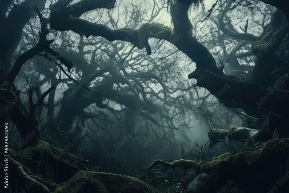 A group of animals standing together in the middle of a forest. A group of animals standing together in the middle of a forest.