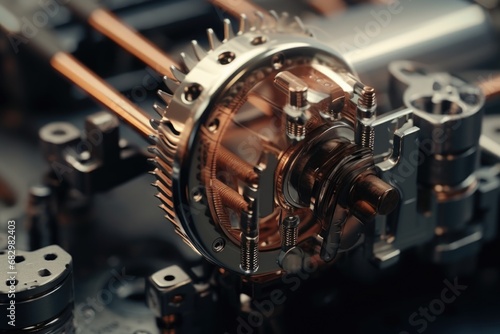 A detailed close-up view of gears on a machine. This image can be used to illustrate concepts such as mechanics, machinery, engineering, or industrial processes