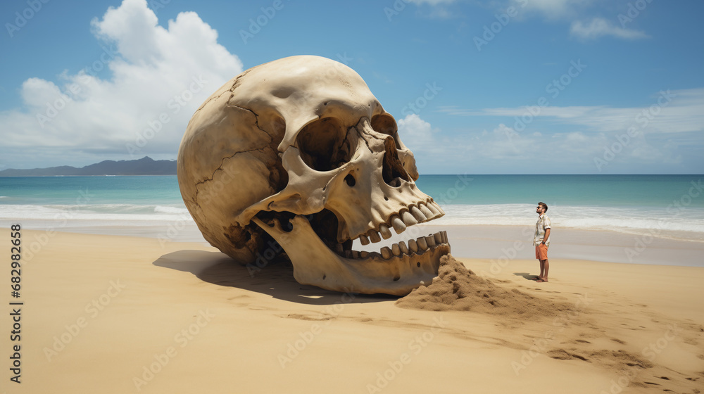 Obraz premium Giant skull washed up on a tropical beach, in front of a man watching this surreal scene