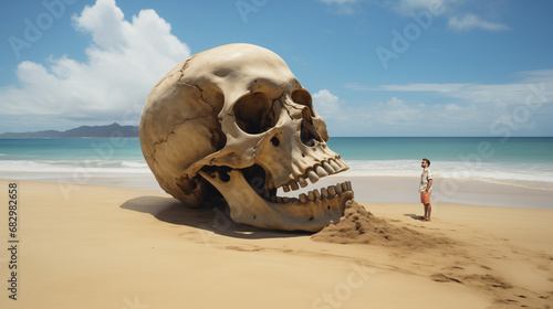 Giant skull washed up on a tropical beach, in front of a man watching this surreal scene © mozZz