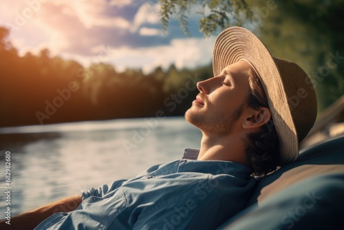 A man wearing a hat is seen relaxing by the water. This image can be used to depict leisure, vacation, or peaceful moments near a body of water photo