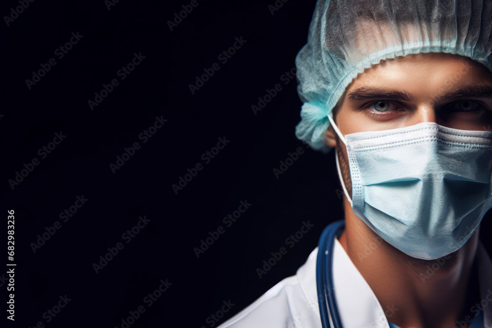close up portrait of doctor. wearing full medical protection with mask and cap on black background. ai generative close up portrait of doctor. wearing full medical protection with mask and cap on black background. ai generative